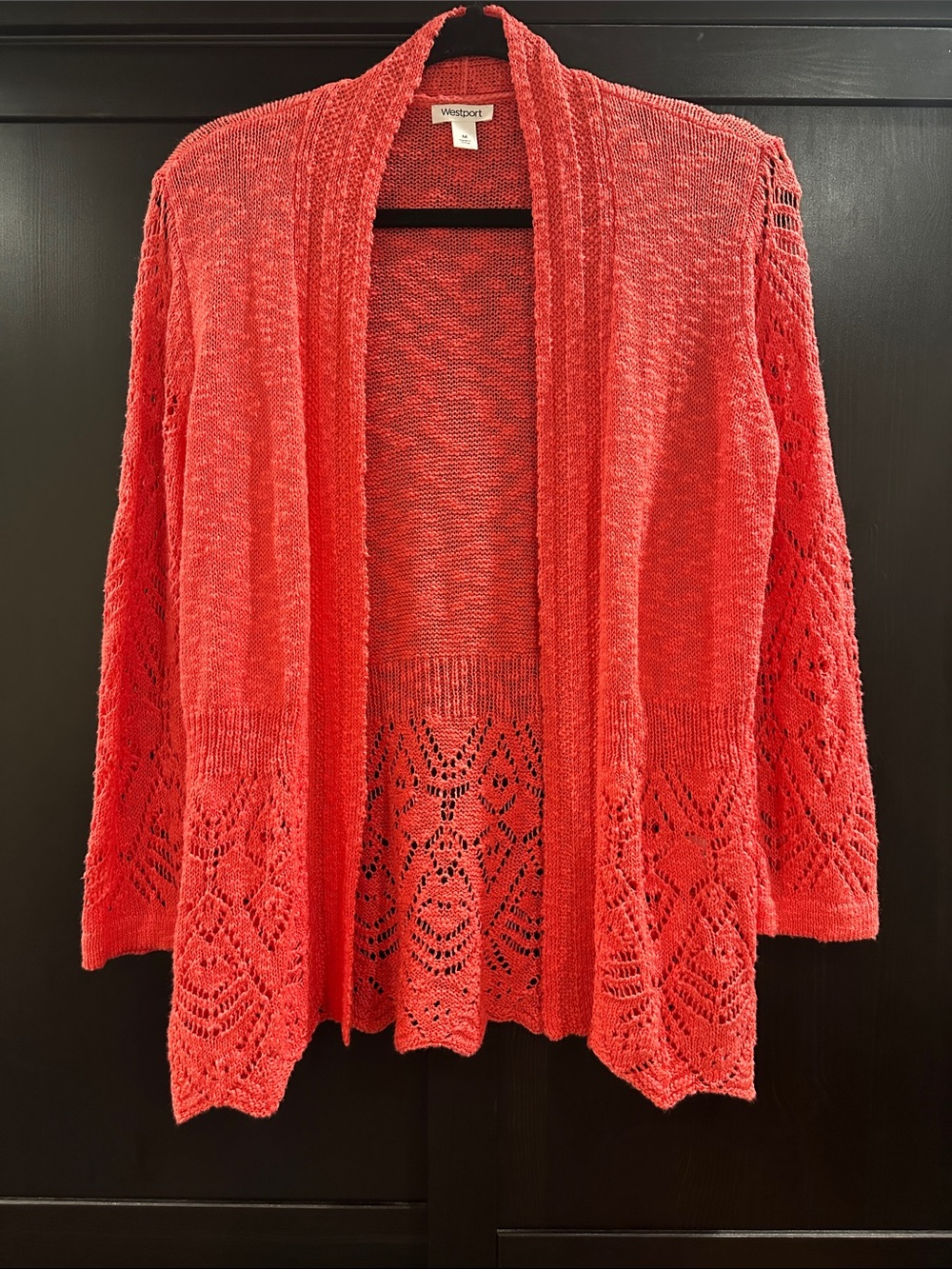 Westport Coral-Red Open Front Lace-Trim Cardigan